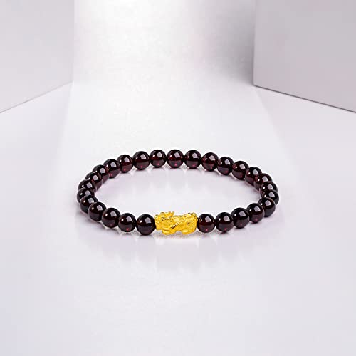 24K Solid Gold Bracelet for Women, Real Pure Gold Jewelry Fortune Pixiu Garnet Beaded Bracelet for Men
