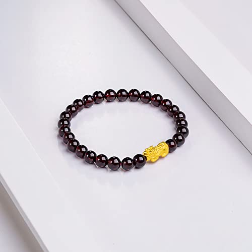 24K Solid Gold Bracelet for Women, Real Pure Gold Jewelry Fortune Pixiu Garnet Beaded Bracelet for Men