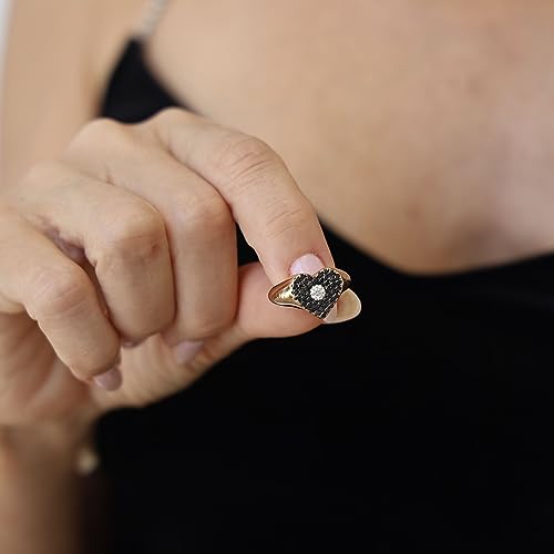 18k Rose Gold Heart Ring with White Center Surrounded in Black Elegant Brilliant Diamonds, F - Color, VS1 Clarity, 0.20ct., Handmade and Unique Gift for Her, Dainty and Minimalists Jewelry for Women