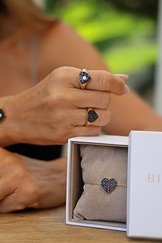 18k Rose Gold Heart Ring with White Center Surrounded in Black Elegant Brilliant Diamonds, F - Color, VS1 Clarity, 0.20ct., Handmade and Unique Gift for Her, Dainty and Minimalists Jewelry for Women