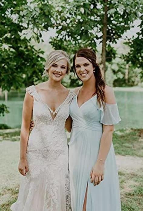 Alikey Women s Off The Shoulder Chiffon Bridesmaids Dresses with Slit Long Formal Party Dress