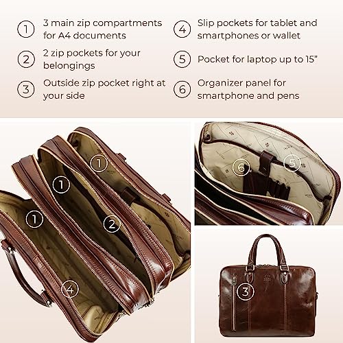 Time Resistance Leather Laptop Briefcase - Full Grain Leather Computer Bag for Men and Women
