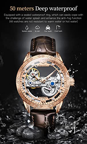 OLEVS Men s Skeleton Mechanical Dress Watch Automatic Self Winding Waterproof Luminous Luxury Leather Wrist Watches